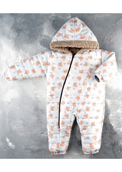 Yeni Sevimli Ayıcık ve Çilek Desenli Kapüşonlu Kürklü Kozmonot Tulum