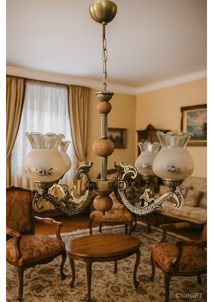 Dört Kollu Doğal Ahşaplı Elbe Eskitme Zamak Metal Avize Mat Bal Rengi Camlı