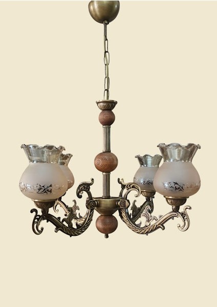 Dört Kollu Doğal Ahşaplı Elbe Eskitme Zamak Metal Avize Mat Bal Rengi Camlı modelleri