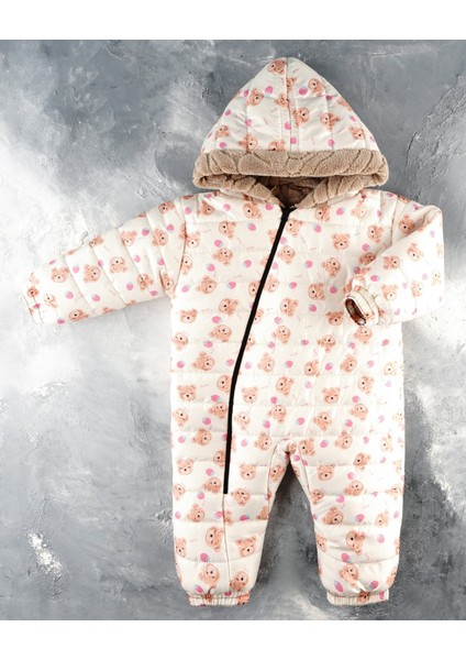 Yeni Sevimli Ayıcık ve Çilek Desenli Kapüşonlu Kürklü Kozmonot Tulum