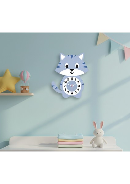 Sessiz Mekanizmalı Mavi Kedi Duvar Saati | Mavi Siyah Beyaz Dekoratif Duvar Saati Çocuk-Genç Odası