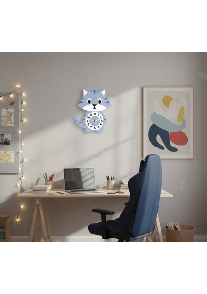 Sessiz Mekanizmalı Mavi Kedi Duvar Saati | Mavi Siyah Beyaz Dekoratif Duvar Saati Çocuk-Genç Odası fiyatları