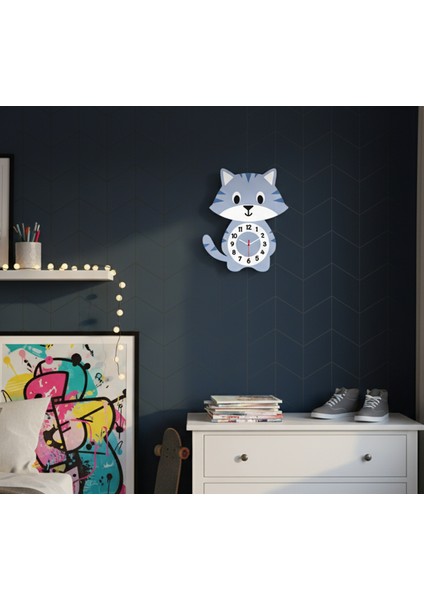 Sessiz Mekanizmalı Mavi Kedi Duvar Saati | Mavi Siyah Beyaz Dekoratif Duvar Saati Çocuk-Genç Odası modelleri