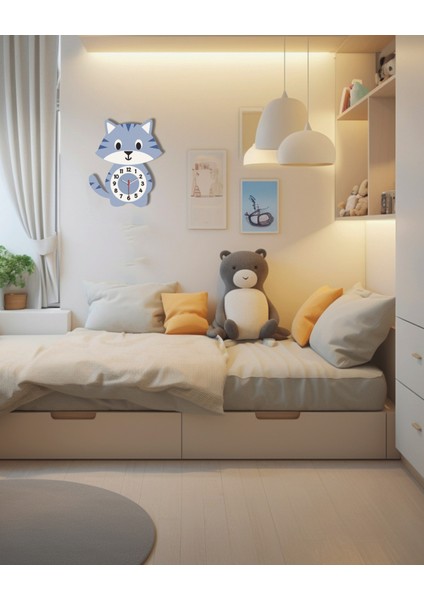 Sessiz Mekanizmalı Mavi Kedi Duvar Saati | Mavi Siyah Beyaz Dekoratif Duvar Saati Çocuk-Genç Odası fırsatları