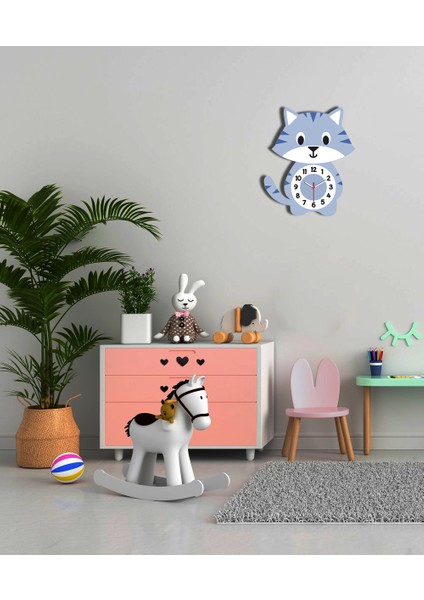 Sessiz Mekanizmalı Mavi Kedi Duvar Saati | Mavi Siyah Beyaz Dekoratif Duvar Saati Çocuk-Genç Odası indirimleri