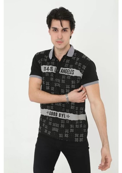 Erkek Yakalı Slim Fit Baskılı T-Shirt - Siyah modelleri