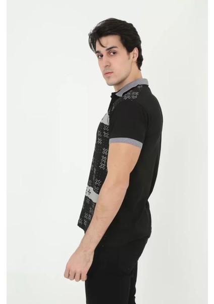 Erkek Yakalı Slim Fit Baskılı T-Shirt - Siyah fırsatları