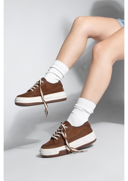 Kadın Sneaker Yüksek Taban Bağcıklı Bez Spor Ayakkabı Kotnel Kahve Süet