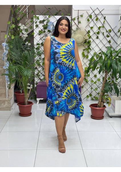 BD13304 Viskon Kolsuz Bodrum Batikli Elbise