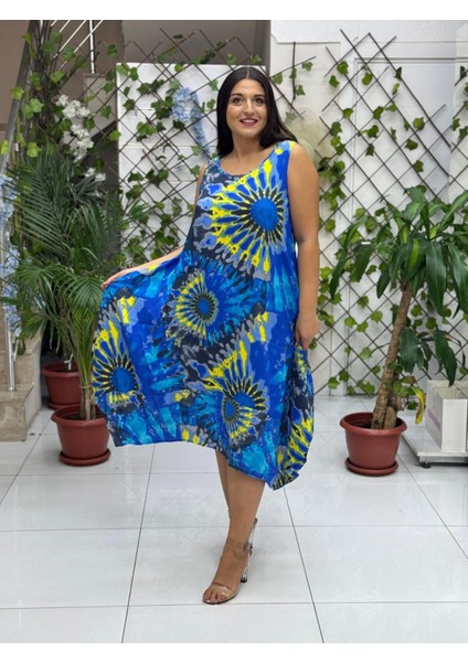 BD13304 Viskon Kolsuz Bodrum Batikli Elbise modelleri