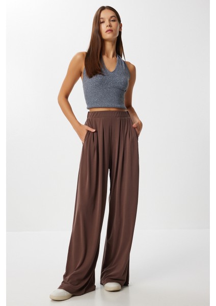 Geniş Paça Dökümlü Modal Pantolon LUB0208 Kahverengi