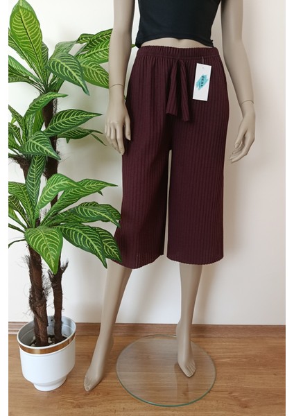 Kadın Bordo Fitilli Çizgili Penye Pamuklu Bermuda Alt