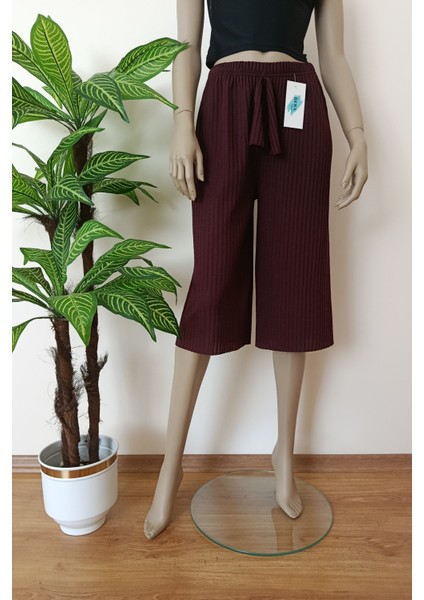 Kadın Bordo Fitilli Çizgili Penye Pamuklu Bermuda Alt modelleri