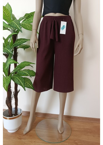 Kadın Bordo Fitilli Çizgili Penye Pamuklu Bermuda Alt fırsatları