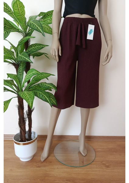 Kadın Bordo Fitilli Çizgili Penye Pamuklu Bermuda Alt indirimleri