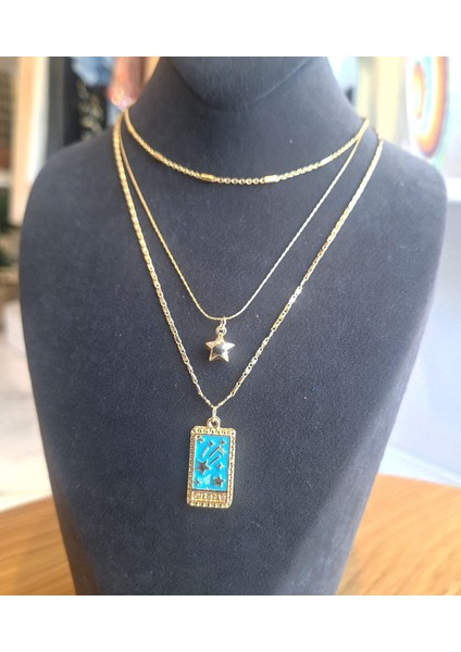 Altın Renkli 3’lü Çelik Kolye Seti – Yıldız ve Gece Manzaralı Minimal Tasarım