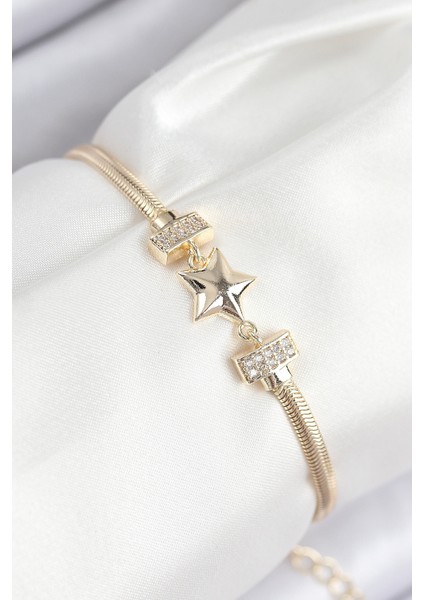 Pirinç Zirkon Taşlı Yıldız Model Gold Renk Kadın Bileklik