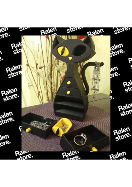 Kara Kedi Temalı Takı Dolabı 6 Hazneli | 22CM | Siyah-Sarı ( Yüksek Kalite 3D Baskı Pla )
