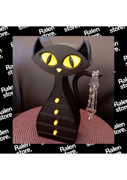 Kara Kedi Temalı Takı Dolabı 6 Hazneli | 22CM | Siyah-Sarı ( Yüksek Kalite 3D Baskı Pla ) fiyatları
