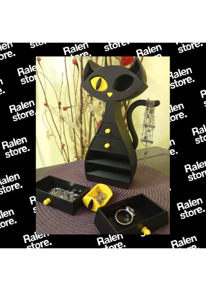 Kara Kedi Temalı Takı Dolabı 6 Hazneli | 22CM | Siyah-Sarı ( Yüksek Kalite 3D Baskı Pla ) fırsatları
