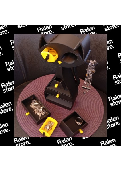 Kara Kedi Temalı Takı Dolabı 6 Hazneli | 22CM | Siyah-Sarı ( Yüksek Kalite 3D Baskı Pla ) indirimleri