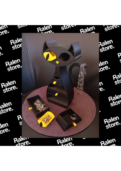 Kara Kedi Temalı Takı Dolabı 6 Hazneli | 22CM | Siyah-Sarı ( Yüksek Kalite 3D Baskı Pla )