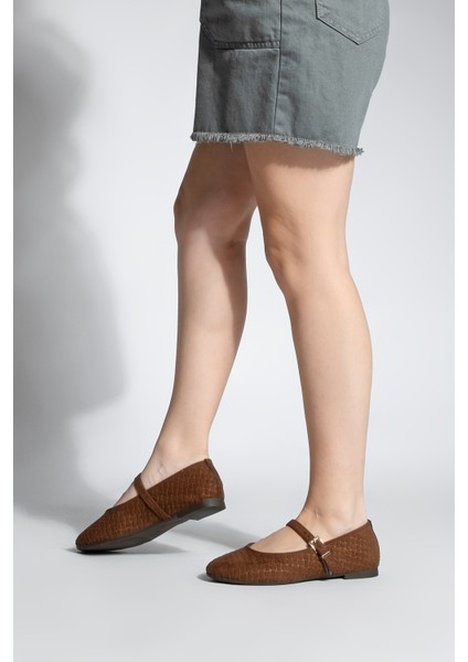 Kadın Desenli Bantlı Günlük Babet Afira Kahve Süet