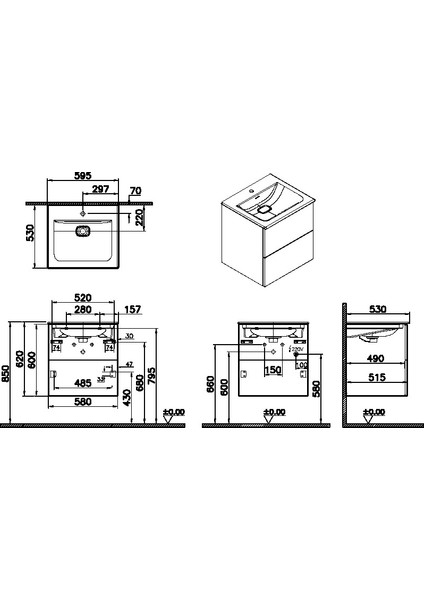 Metropole Pure 67225 Lavabo Dolabı, 2 Çekmeceli, Mat Grafit, 60 cm fiyatları