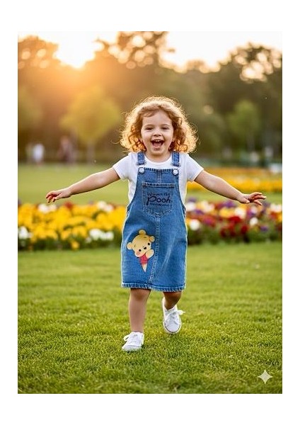 Kız Çocuk Kot Kumaş Winnie The Pooh Baskılı Ayarlanabilir Askı Cepli Salopet Denim Jile Elbise modelleri
