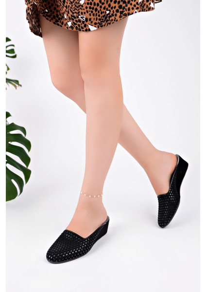 Kadın Siyah Ince Örgü Şık Terlik modelleri