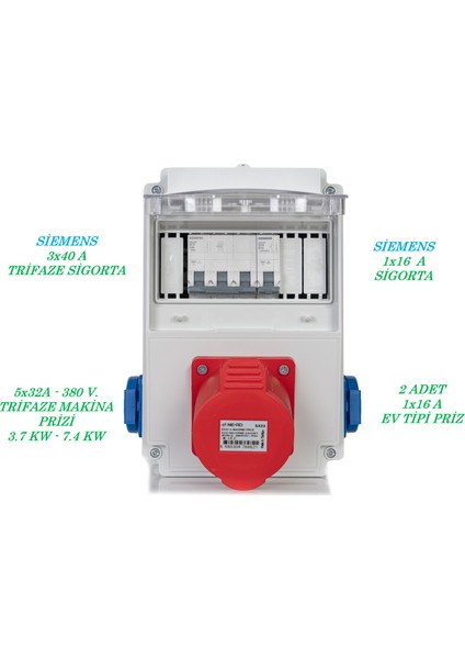 Delux Elektrikli Araç Trıfaze Şarj Istasyonu Besleme Panosu. 3.7 Kw - 7.4 Kw Kombinasyon Kutusu.tüm Adaptorlere Uyumlu.