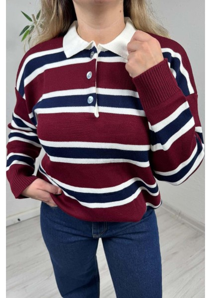 - Kadın Bordo Polo Yaka Çizgili Oversize Triko Kazak