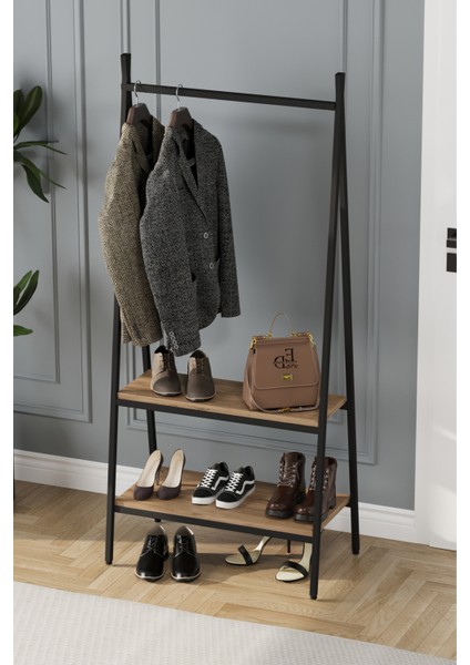 Jade Konfeksiyon Elbise Askılık , 2 Raflı Askılık , Siyah Metal - Atlantik Çam Tabla