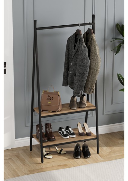 Jade Konfeksiyon Elbise Askılık , 2 Raflı Askılık , Siyah Metal - Atlantik Çam Tabla modelleri