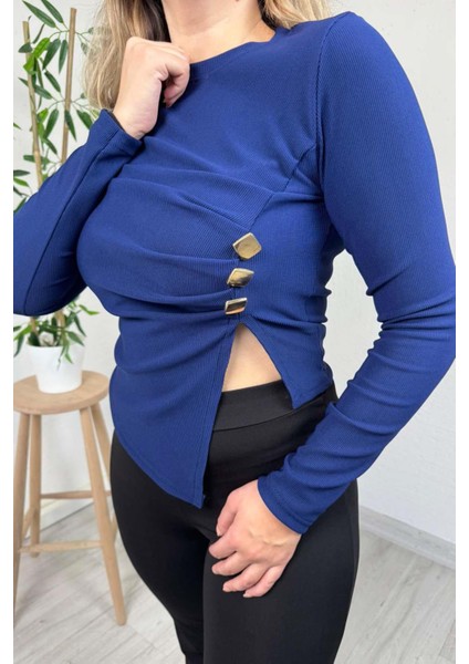 Kadın Lacivert Bisiklet Yaka Asimetrik Etek Düğmeli Bluz