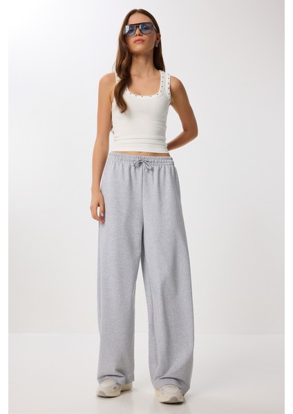 Pamuklu Barrel Fit Rahat Örme Eşofman Altı LEN0038 Gri Melanj