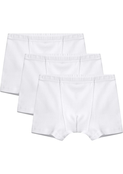 8901 Beyaz Renk Erkek Çocuk 3'lü %100 Pamuk Ribana Boxer