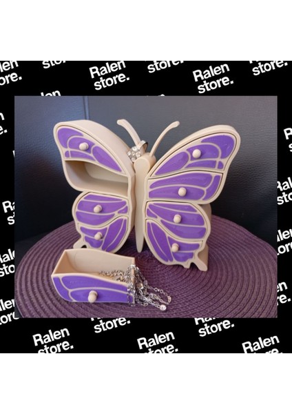 Kelebek Temalı Takı Dolabı 8 Hazneli | 17CM | Bej-Mor ( Yüksek Kalite 3D Baskı Pla )