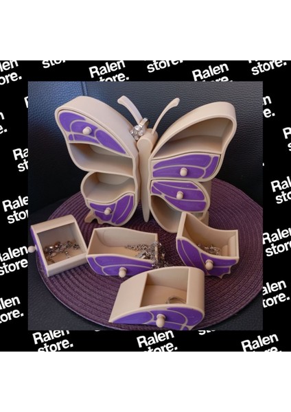 Kelebek Temalı Takı Dolabı 8 Hazneli | 17CM | Bej-Mor ( Yüksek Kalite 3D Baskı Pla ) fırsatları