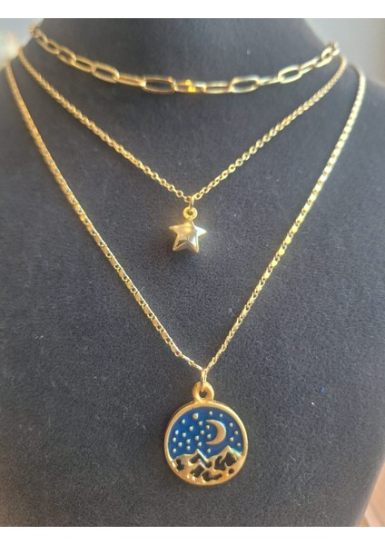 Altın Renkli 3’lü Kadın Kolye Seti – Yıldız Figürlü ve Mavi Gece Manzaralı Tasarım