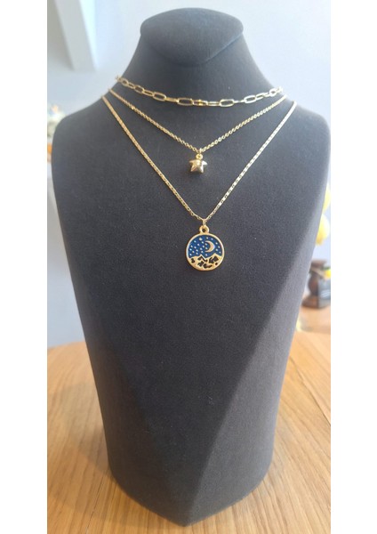 Altın Renkli 3’lü Kadın Kolye Seti – Yıldız Figürlü ve Mavi Gece Manzaralı Tasarım fiyatları