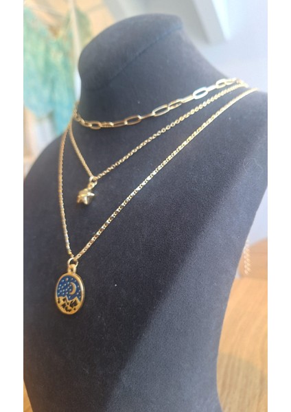 Altın Renkli 3’lü Kadın Kolye Seti – Yıldız Figürlü ve Mavi Gece Manzaralı Tasarım modelleri