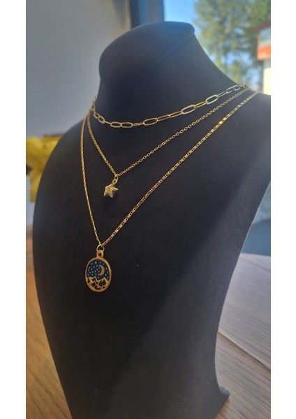 Altın Renkli 3’lü Kadın Kolye Seti – Yıldız Figürlü ve Mavi Gece Manzaralı Tasarım fırsatları