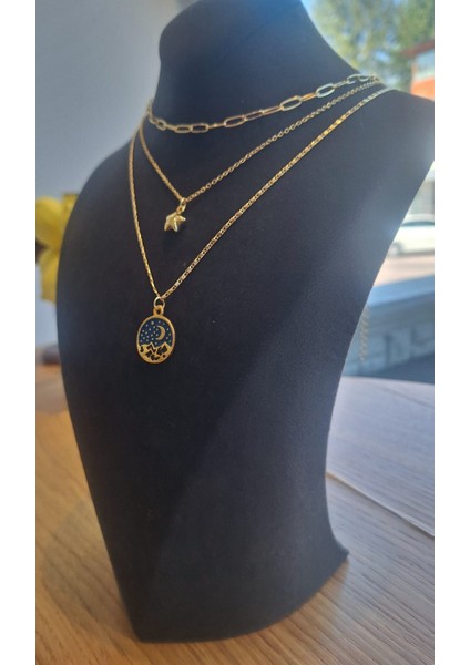 Altın Renkli 3’lü Kadın Kolye Seti – Yıldız Figürlü ve Mavi Gece Manzaralı Tasarım indirimleri