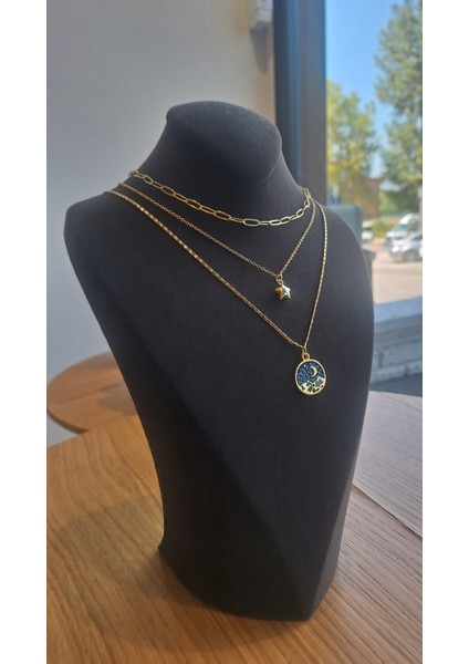 Altın Renkli 3’lü Kadın Kolye Seti – Yıldız Figürlü ve Mavi Gece Manzaralı Tasarım