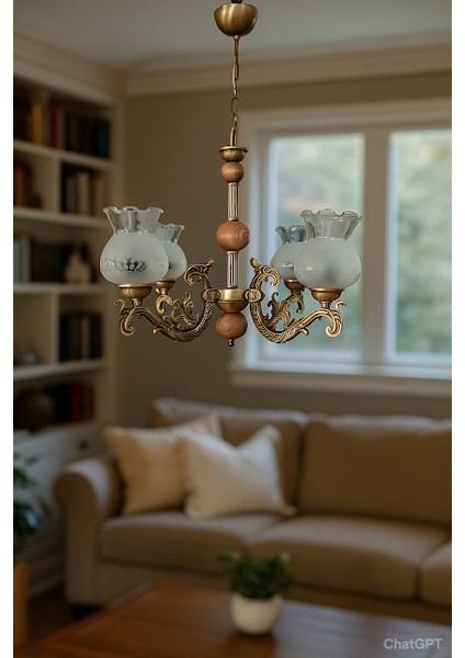 Dört Kollu Doğal Ahşaplı Elbe Zamak Döküm Avize Eskitme Mat Beyaz Camlı