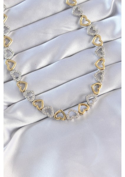 Vip Seri Pirinç Çift Renk Zirkon Taşlı Içi Boş Kalp Tasarımlı Kolye TG27BKO8870