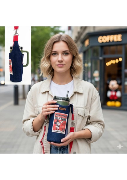 El Yapımı Mickey Mouse Kot Matara Termos Kılıfı Kulplu Model Quencher Pipetli 1,18