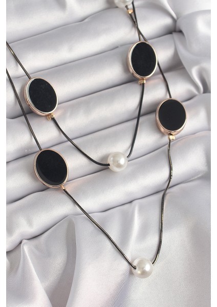 Pirinç Siyah Renk Zincir Inci Detaylı Çoklu Kadın Kolye TG27BKO9621