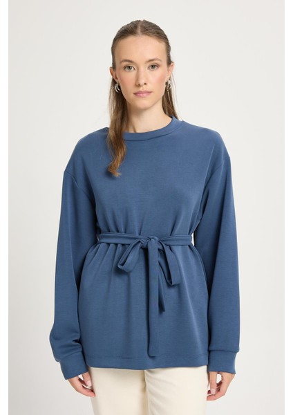 Modal Seyyar Kuşaklı Bluz Indigo